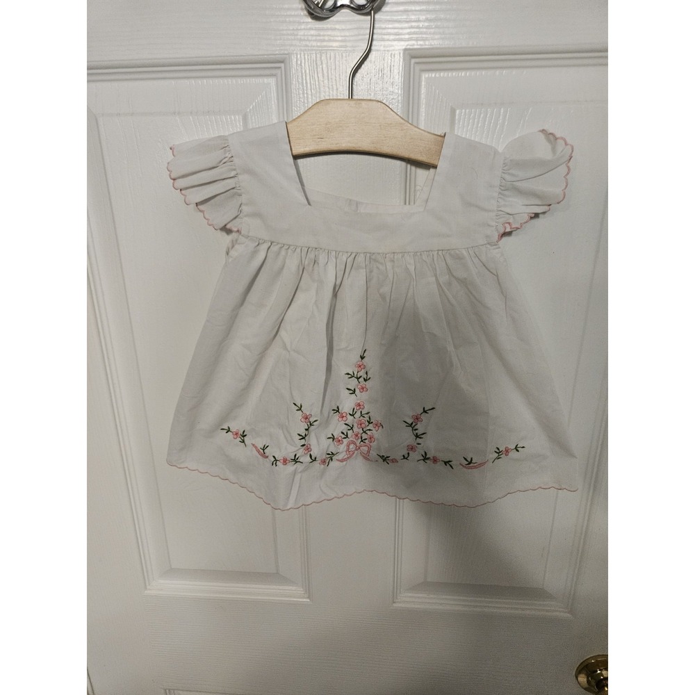 Vintage Baby Girl White Hand Embroidered Pinafore Dress Top Scalloped Edge